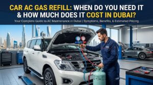 Car AC gas refill service in Dubai with technician checking car air conditioning system and cooling performance