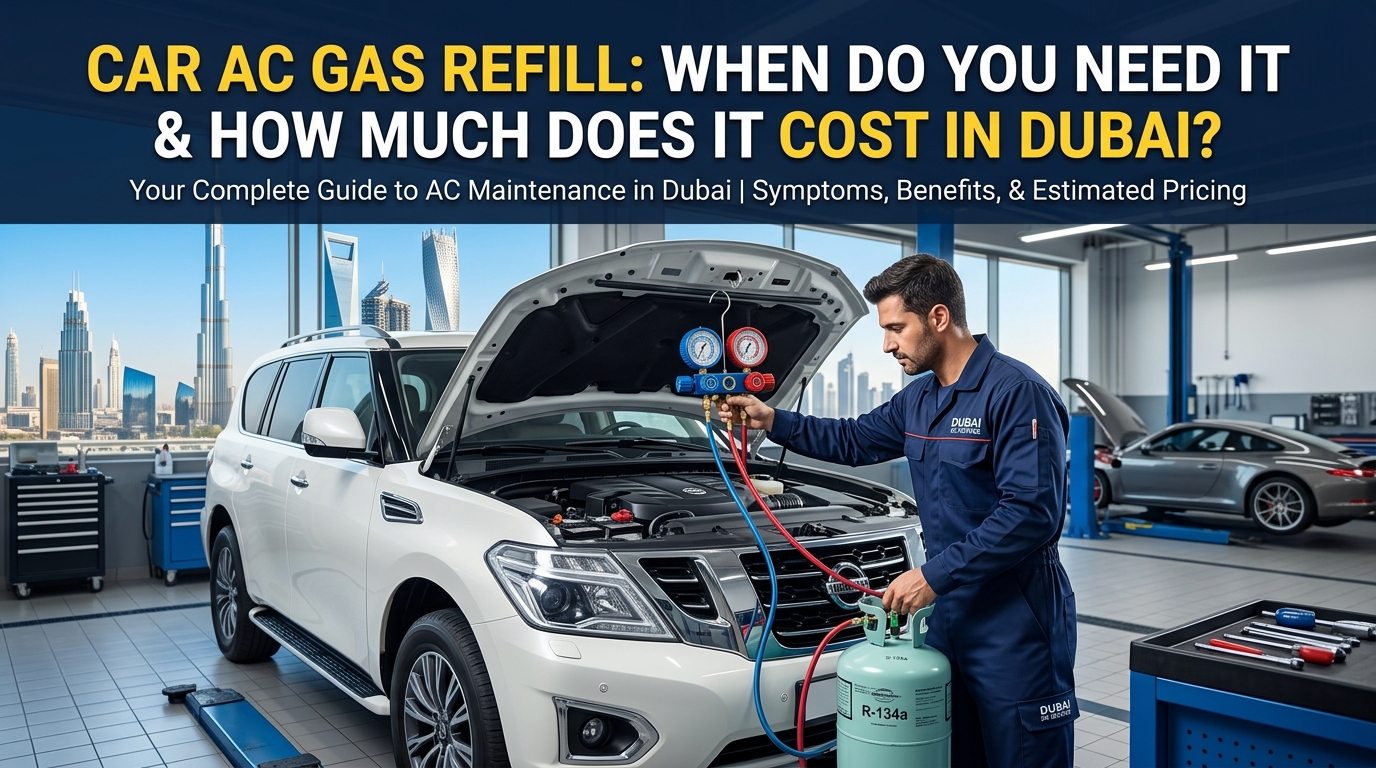Car AC gas refill service in Dubai with technician checking car air conditioning system and cooling performance