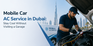 Technician performing mobile car AC service in Dubai with van and city skyline in background
