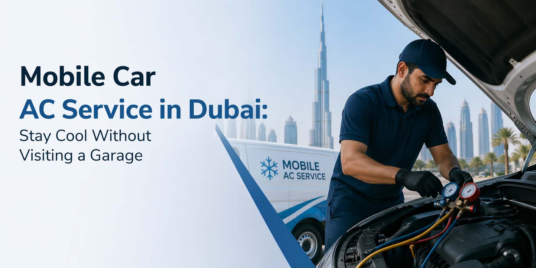 Technician performing mobile car AC service in Dubai with van and city skyline in background